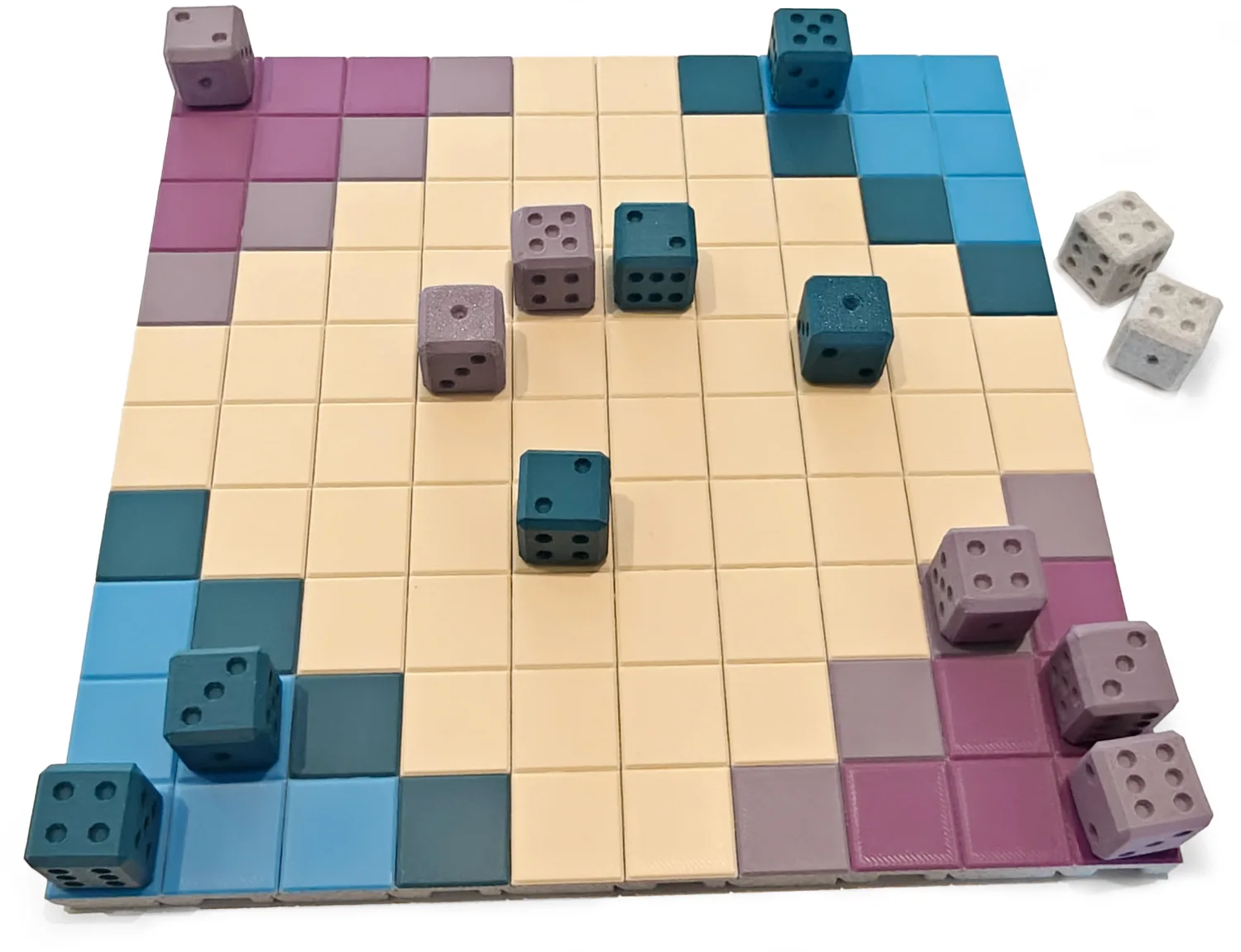 A game of physical Iacta mid-play, dice spread across the board