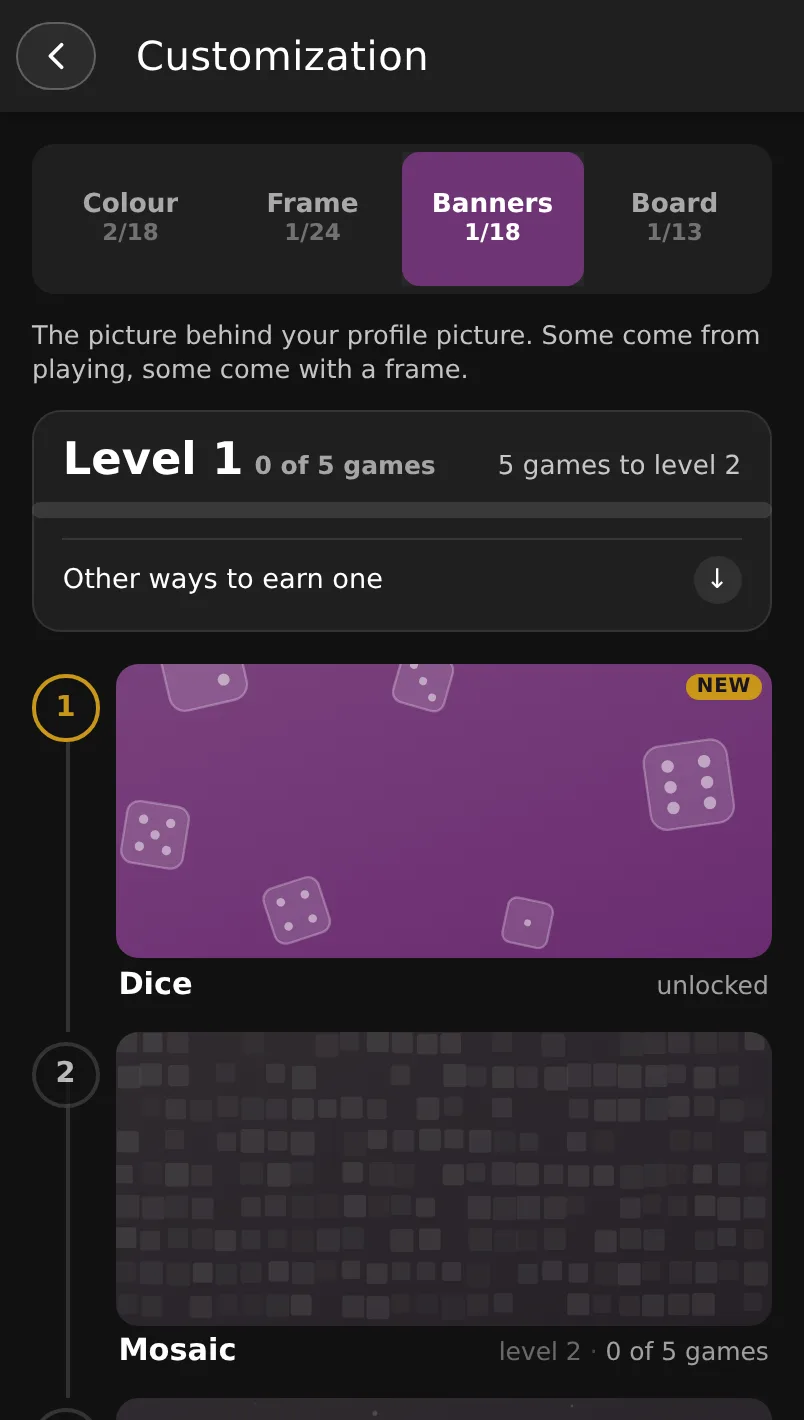Iacta's profile banners, earned by levelling up through games played