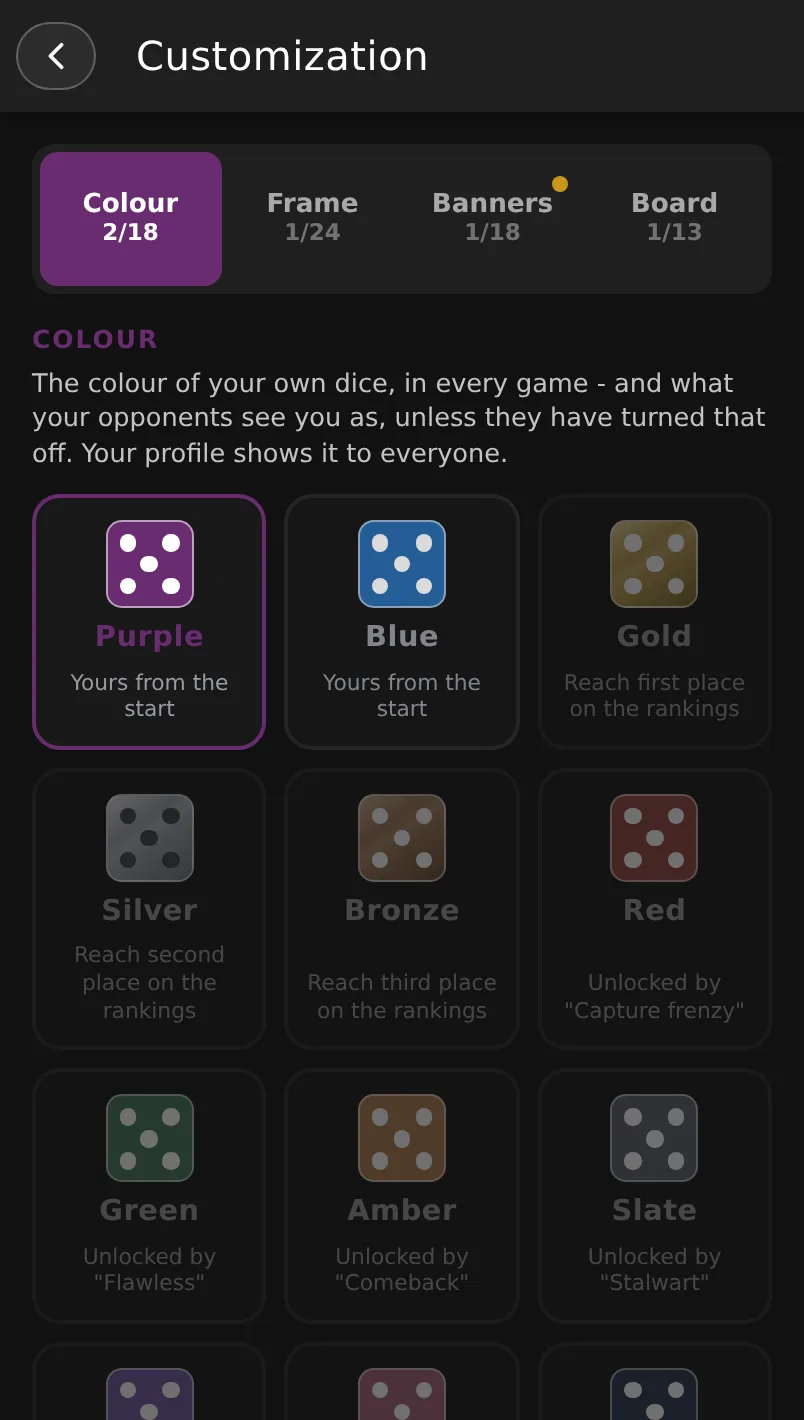 Iacta's dice colours, each showing what unlocks it