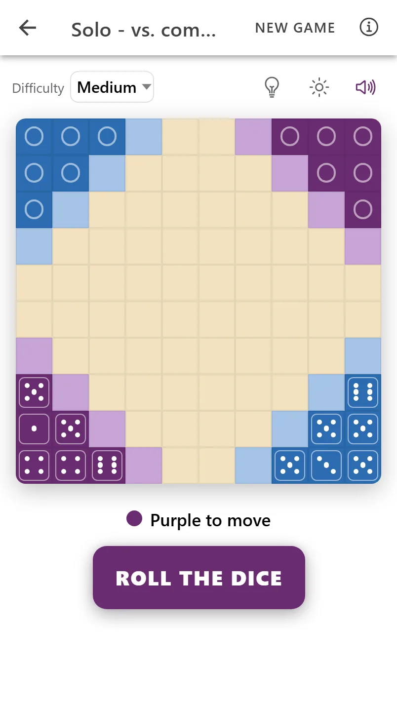 An Iacta match in the light theme: dice as pieces in the board corners